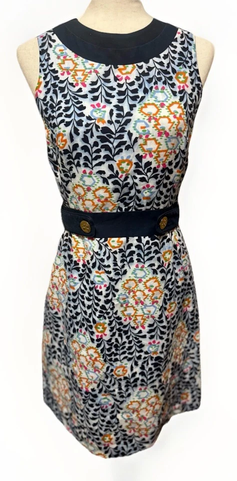 Vestido recto Tory Burch Melanie estampado azul naranja multicolor sin mangas, talla 4 Foto 1 de 4