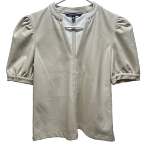 Steve Madden Jane Puff Sleeve Faux Leather Blouse Women's XS Stone V-Neck EUC - Picture 1 of 11