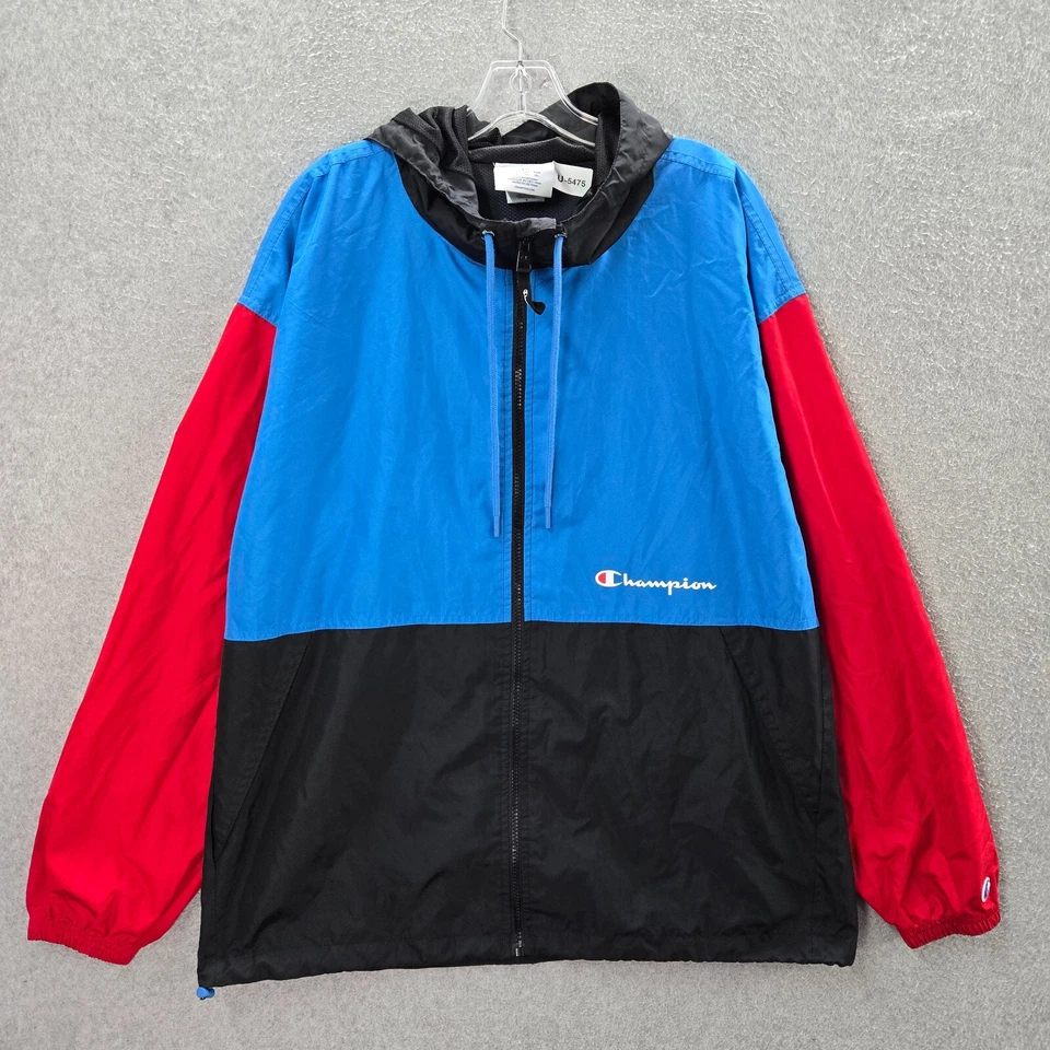 Мужская куртка Champion XL синий цветной блок логотип ветровка пуловер на молнии - Изображение 1 из 4