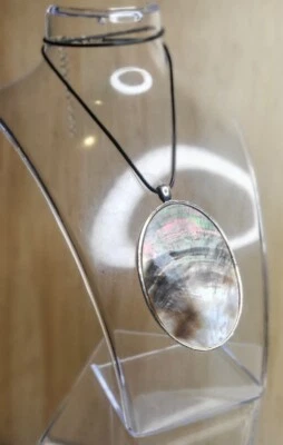 Mother Of Pearl Large 8cm Pendant & Waxed Leather Cord 42cm And Extended Chain - Image 1 of 4