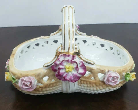 Vintage Porcelain Trinket Basket Flowers Home Decor Purple Pink Blue White Red Cover