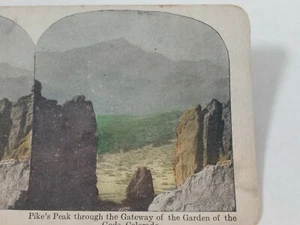 Antique Color Stereoview Photograph Card Pikes Peak Gateway Garden Gods Colorado - Picture 1 of 3