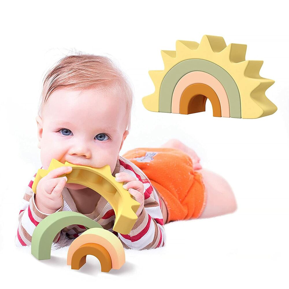 Silicone Rainbow Stacking Toys Baby Teether Toy, Soft Blocks Building
