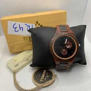 BEWELL W154A Men's Red/Black Sandalwood Analog Dial Quartz Wrist Watch YR43 - Picture 1 of 11