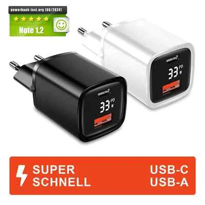 Dual Schnellladegerät mit Display USB-A + USB-C Netzteil 33W Adapter für iPhone - Bild 1 von 4