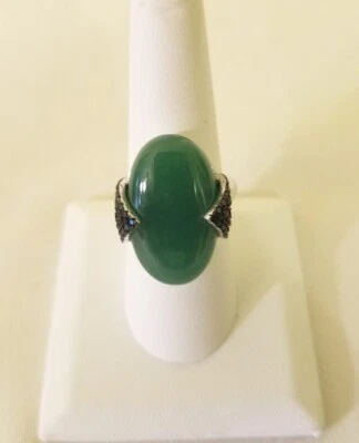 22,60 ctw. Jade birmano y espinela negra tailandesa en rodio negro y plata de ley talla 8 Foto 1 de 4