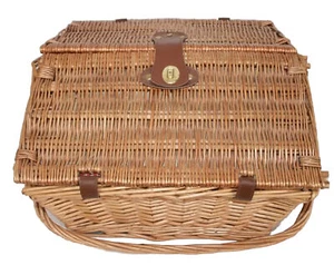Wicker WINE Basket Picnic Service 2 Glasses Leather Red Gingham Classic Vintage - Picture 1 of 7