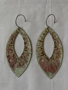 Copper Tide artisan made large enamel on copper earrings green red oval - Picture 1 of 4