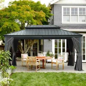 Domi 12x16Ft Hardtop Gazebo Double Roof w/Curtain&Netting,Built-in gutter system - Picture 1 of 8