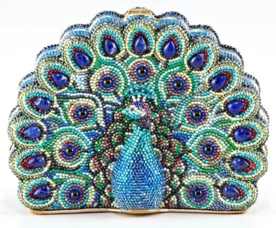 Bolso sin asas Judith Leiber Peacock Bird cristal azul verde noche Minaudiere Foto 1 de 4