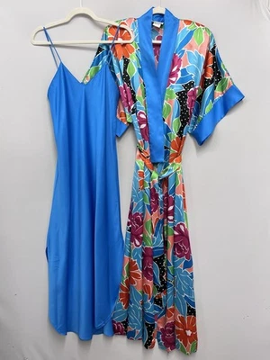 Vintage Natori Nightgown & Robe Set Belted Blue Multi Colors Flowers Dots P XS - Image 1 of 4
