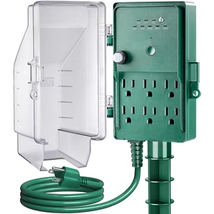 Outdoor Power Stake Light Timer, Dusk to Dawn, 6 Electrical Outlet Power Strip W - Picture 1 of 7
