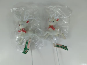 Vintage NOS Flocked Reindeer Picks Christmas Beautysilk set of 2 plastic - Picture 1 of 7