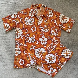 Vintage 60s Sears Kings Road Large Orange Floral Hawaiian Set Shirt Swim Trunks - Picture 1 of 13