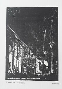 Original Holzschnitt (1916) von Sir Frank Brangwyn: Die Kirche in Dixmude, Belgien.