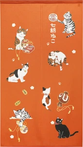 Noren Tapestry door curtain Lucky Cat Maneki neko Seven Lucky Gods Japan Orenge - Picture 1 of 4