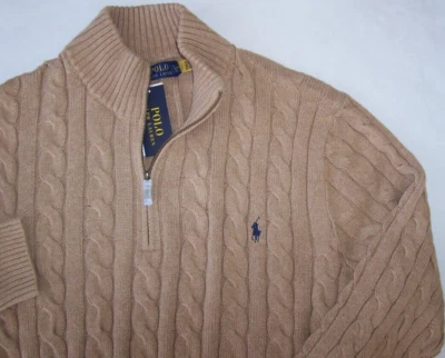 NWT Polo Ralph Lauren CAMEL/TAN CABLE Knit Half-Zip Sweater Men's XLT NAVY PONY - Image 1 of 4