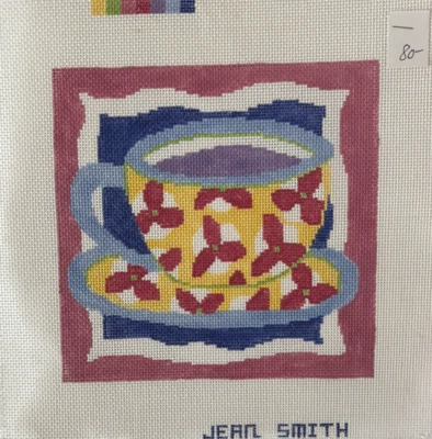 Jean Smith Colorful Coffee Cup 13ct Needlepoint hand painted Canvas 8 x 8 - Image 1 of 3