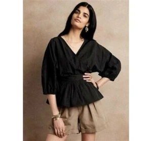 NEW BANANA REPUBLIC BLACK BALLOON SLEEVE WRAP TOP SIZE LARGE #836861 - Picture 1 of 3