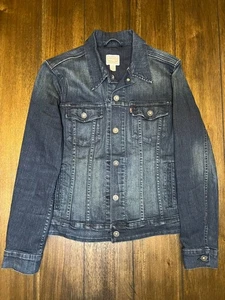 Levi Strauss Denim Trucker Jacket Women's Large Dark Blue Distressed Casual - Picture 1 of 4