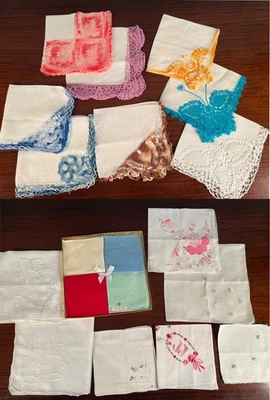 Lot of 19 VTG Cotton/Linen Hankies Tatted/ Crocheted lace Edges or Hand-Work - Image 1 of 4