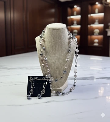 Premier Designs Gray & White Pearl Necklace & Earring Set w/Light Pink Acrylic  - Image 1 of 4