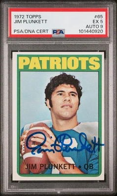 1972 PATRIOTS Jim Plunkett signed ROOKIE card Topps #65 PSA 5 AUTO 9 Autographed - Image 1 of 2