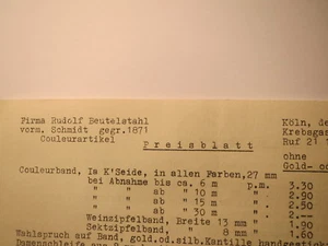 Rudolf Beutelstahl Köln - 1956 - Couleurartikel Preisblatt - Picture 1 of 1