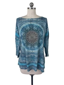 Chico's Y2K Top Damen 3 Blau 3/4 Arm Geometrisches Muster Nieten Artsy Boho Coastal - Bild 1 von 9