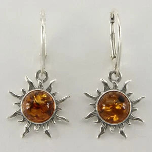 Cognac / Brown BALTIC AMBER Sun Leverback Earrings 925 STERLING SILVER #7201e - Picture 1 of 3
