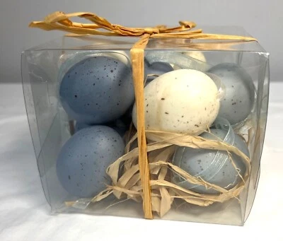 Decorative Speckled Blue & White Faux Eggs In Clear Gift Box With Raffia Ribbon - Image 1 of 4