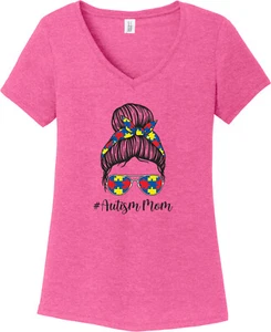 Autism Mom Bun Puzzle Pieces Womens Tri Blend V-neck T-Shirt - Picture 1 of 15