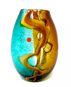 Very Big Murano Art Glass Freeform Outer Strap Silver Leaf Vase Aqua Amber - Picture 1 of 12