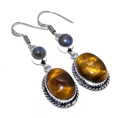 Brinco de prata esterlina 925 olho de tigre natural, pedra preciosa labradorita 2,2" R760 - Imagem 1 de 4