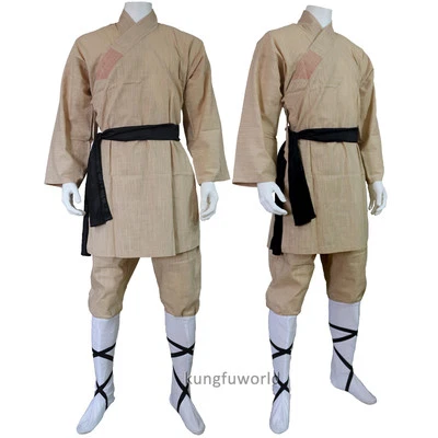 KUNGFUWORLD Beige Cotton Shaolin Monk Robe Martial arts Uniform Tai chi Kung fu Wushu Suit
