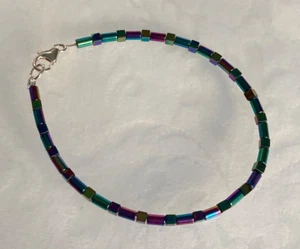 Rainbow Coated Hematite Cube & Cylinder Bead 6.25" Bracelet with 925 Clasp - Picture 1 of 4