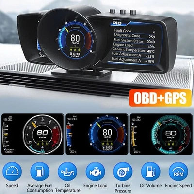 OBD2+GPS Car Gauge HUD Head-Up Digital Display Speedometer Temp Alarm RPM Turbo - Image 1 of 4