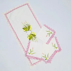 Vintage Tischwäsche Set weiß rosa Blumen bestickt Set Frühling Blumen - Bild 1 von 3