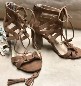 New Sexy Lace Up Cut Out Tan Suede Brown Block Heel Sandal Back Zip Bootie 6 - Picture 1 of 9
