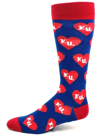Kansas Jayhawks Valentines Day Blue with Repeat Red KU Hearts Deuce Crew Socks Cover