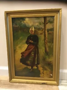 Vintage Ölgemälde niederländisches Mädchen pflückt Gänseblümchen Blütenblätter - Bild 1 von 9