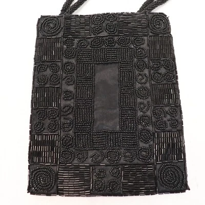 Vtg Evening Satchel Handbag Women Black Beaded Geo Swirl Checkered Purse Bag - Image 1 of 4