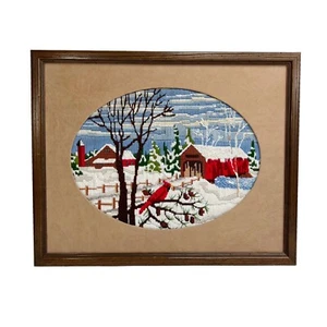 Handmade Wooden Framed Crewel Red Covered Bridge Cardinal Barn Winter Snow 16x13 - Picture 1 of 12