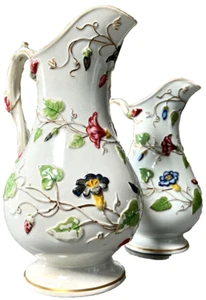 ANTIQUE ENGLISH PITCHERS PAIR POLYCHROME RAISED FLOWER & IVY MOTIFS - Picture 1 of 12