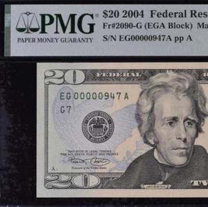 2004 $20 Federal Reserve Note PMG 64EPQ wanted popular low serial number 0000947 - Picture 1 of 3