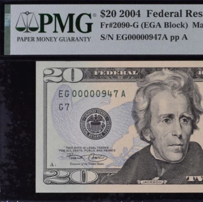 2004 $20 Federal Reserve Note PMG 64EPQ wanted popular low serial number 0000947 - Image 1 of 3