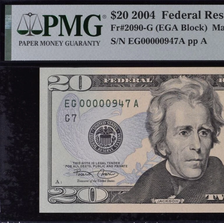 2004 $20 Federal Reserve Note PMG 64EPQ wanted popular low serial number 0000947 - Image 1 of 3