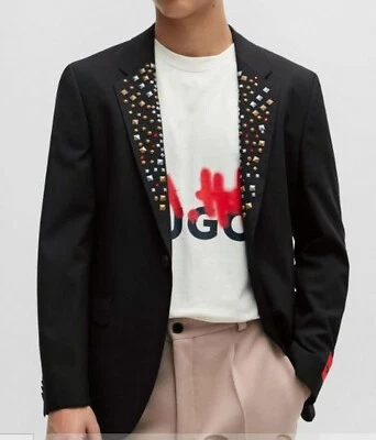 NWT HUGO BOSS mens Slim-fit black blazer jacket with studded lapels 48 38R - Image 1 of 4