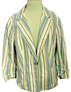 Morrisey Cotton Blend Green Blue Striped Single Button Blazer Womens Sz Medium - Picture 1 of 8