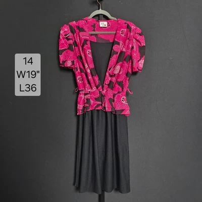 Vintage KR of NY Dress Size 14 Pink Floral Peplum 80s 90s Made in USA Puff Sleev - Image 1 of 4